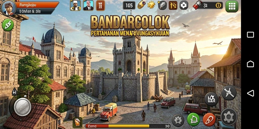 Tangkapan layar gameplay BANDARCOLOK dengan menara pertahanan melawan musuh.