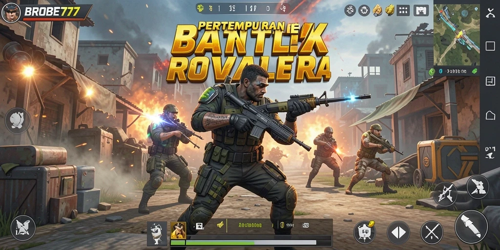Screenshot utama BROBET77 menampilkan aksi pertempuran yang mendebarkan dalam Battle Royale.