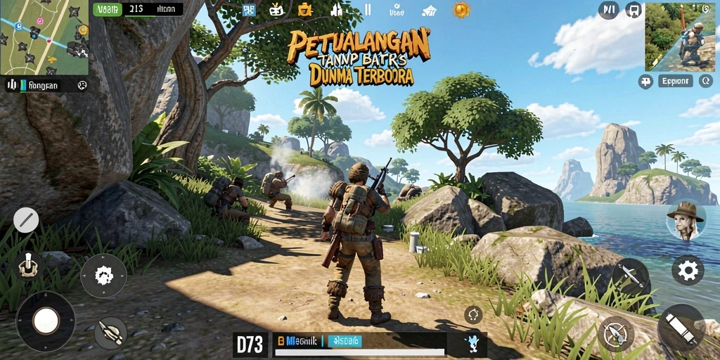 Gambaran gameplay D73 dengan pemandangan luas dan karakter yang aktif.
