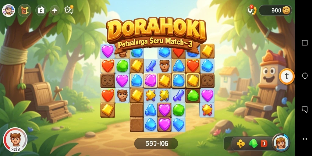 Tampilan gameplay DORAHOKI dengan elemen Match-3 yang cerah dan menarik.