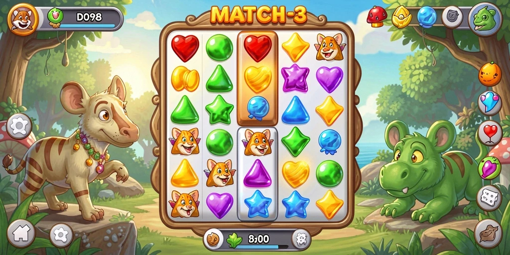 Tampilan gameplay menarik dalam ID098 dengan variasi level Match-3.