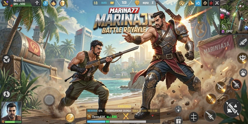 Screenshot gameplay MARINA77 menampilkan aksi Battle Royale yang seru.