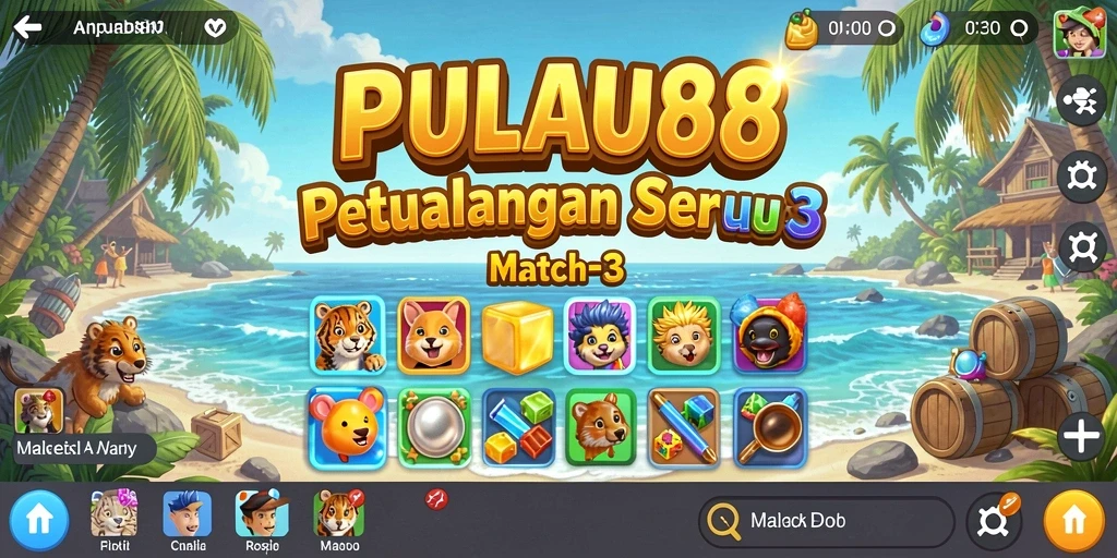 Screenshot gameplay PULAU88 menampilkan elemen Match-3 yang penuh warna.