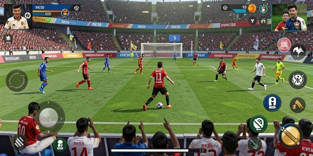 Tampilan gameplay RK55 dengan aksi sepak bola yang mendebarkan.