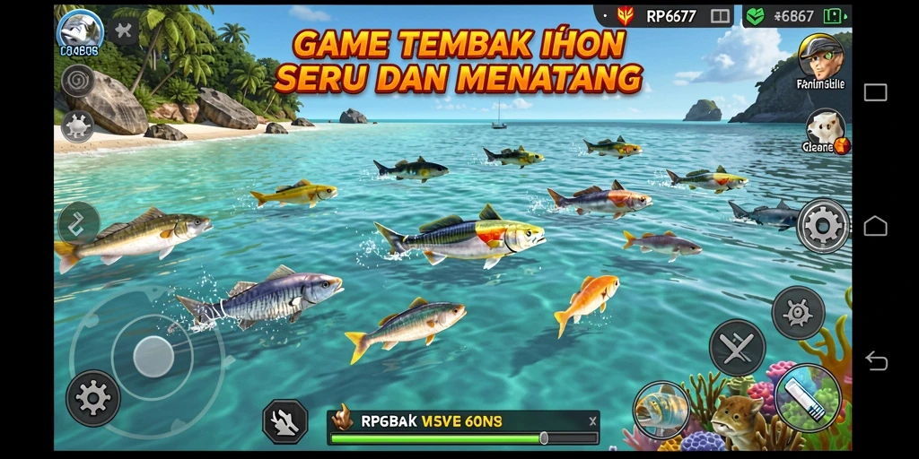 Screenshot utama RP6677 menampilkan gameplay Tembak Ikan yang seru.