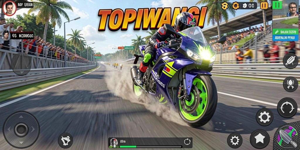 Tampilan gameplay seru di TOPIWANGI dengan aksi balapan motor yang mendebarkan.
