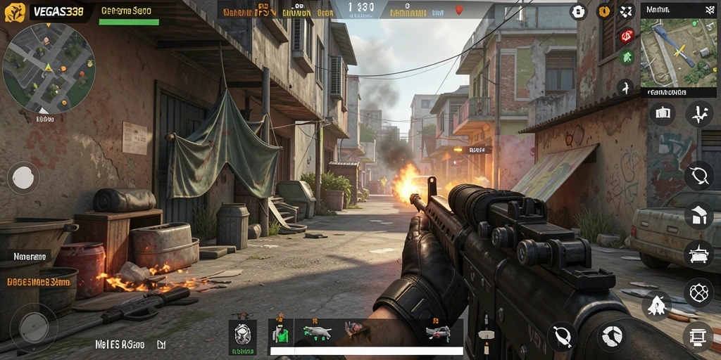 Tangkapan layar gameplay <strong>VEGAS338</strong> menampilkan aksi tembak-menembak yang intens dan mendebarkan.